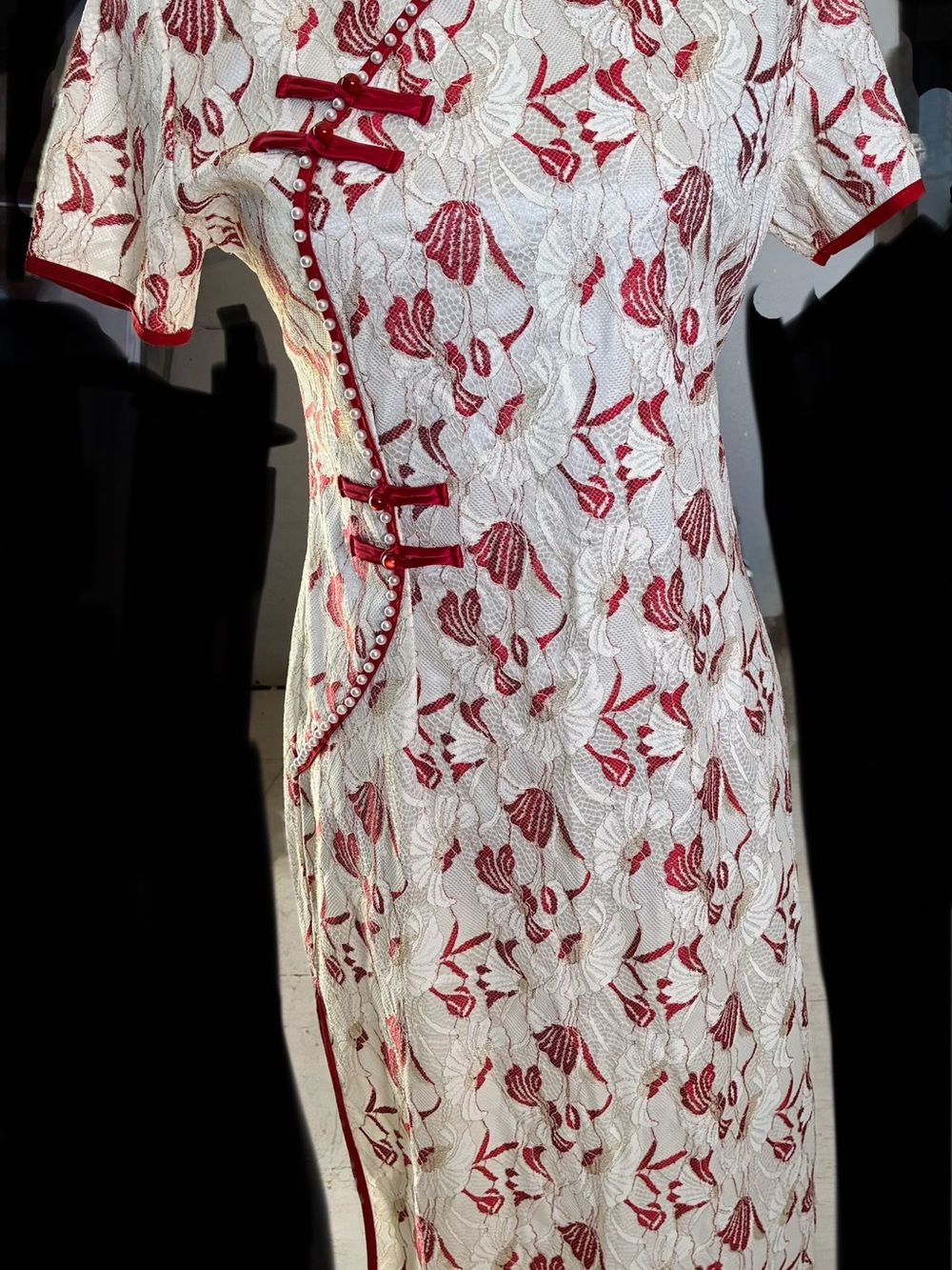 White and Red Floral Lace Cheongsam Style Dress